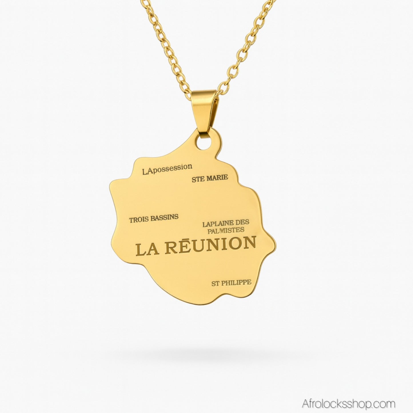 🌴 Collier carte « Île de La Réunion » – acier inox 316L – chaîne 50 cm – doré ou argenté