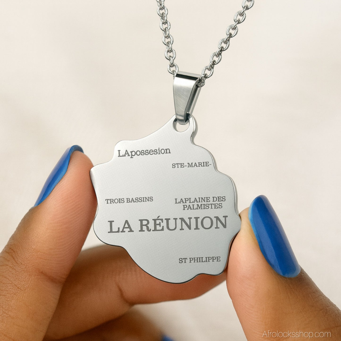 🌴 Collier carte « Île de La Réunion » – acier inox 316L – chaîne 50 cm – doré ou argenté