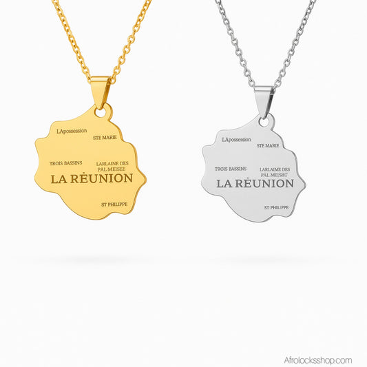 🌴 Collier carte « Île de La Réunion » – acier inox 316L – chaîne 50 cm – doré ou argenté