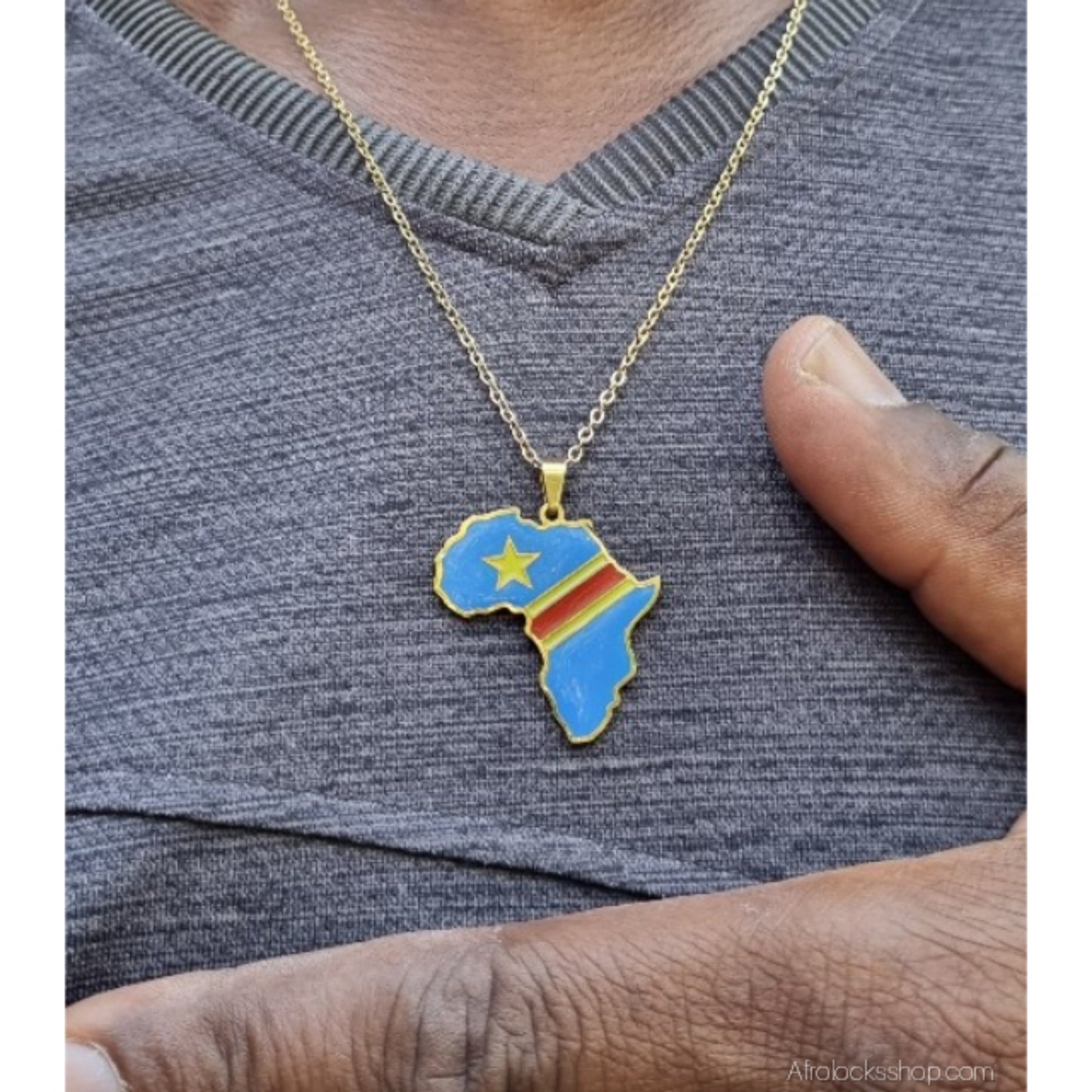 Collier Carte d’Afrique – Couleurs RDC 🇨🇩 – Acier inoxydable 316L, chaîne 50 cm