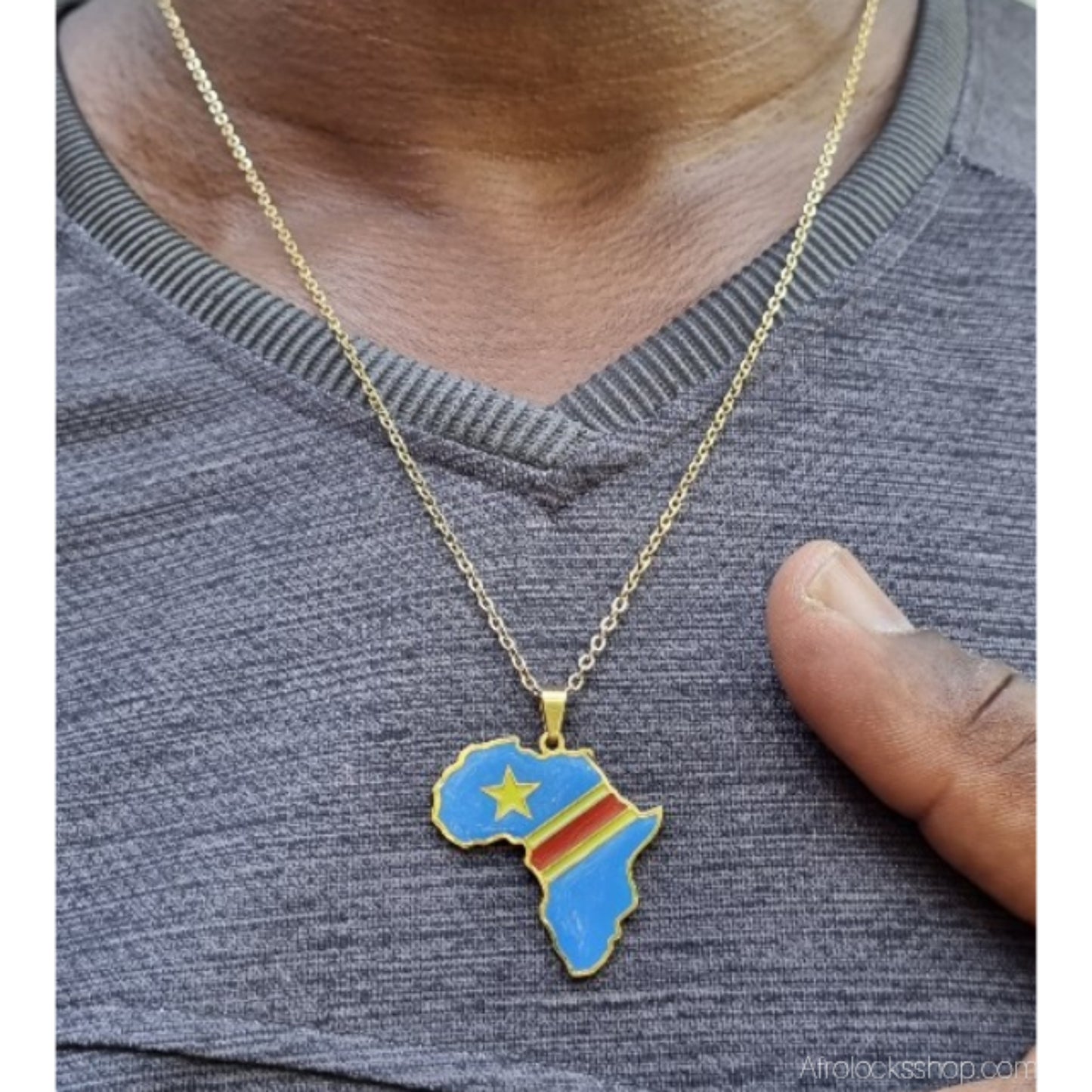 Collier Carte d’Afrique – Couleurs RDC 🇨🇩 – Acier inoxydable 316L, chaîne 50 cm