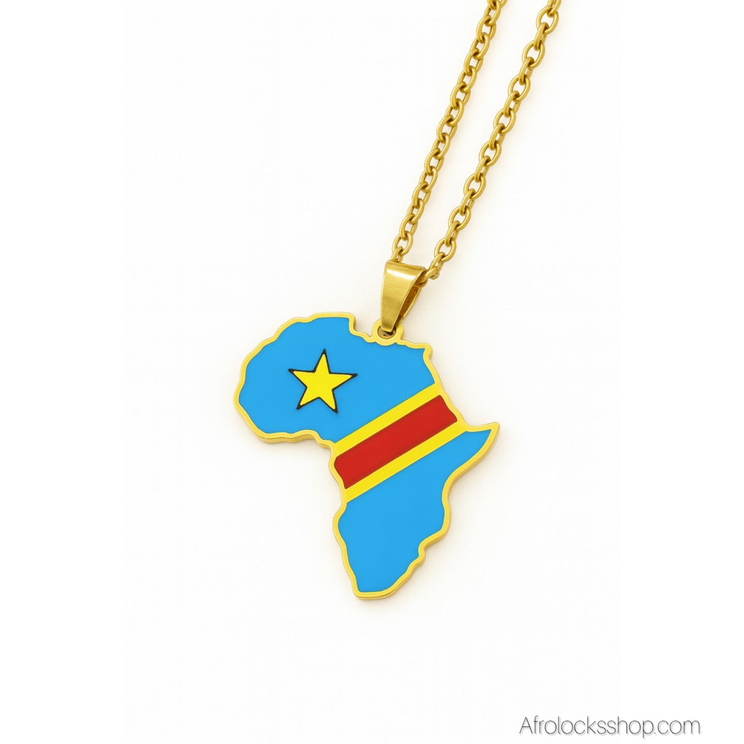 Collier Carte d’Afrique – Couleurs RDC 🇨🇩 – Acier inoxydable 316L, chaîne 50 cm