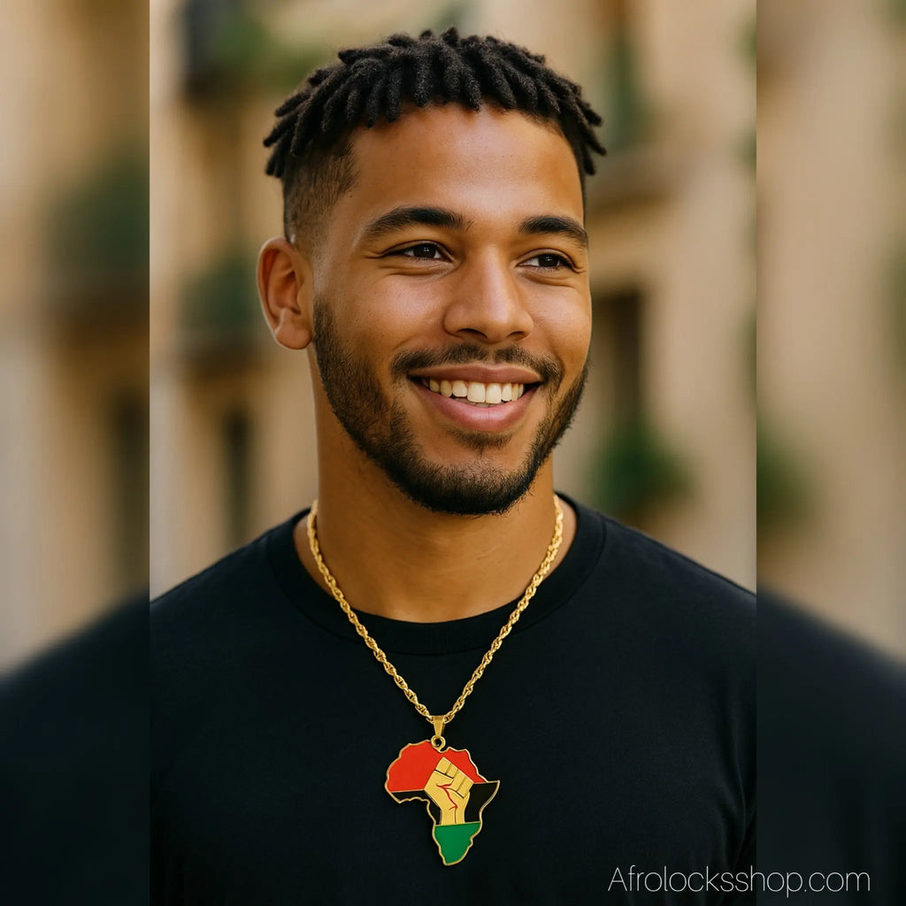 Collier_carte_Afrique_poing_leve_vert_noir_rouge - Afro Locks Shop