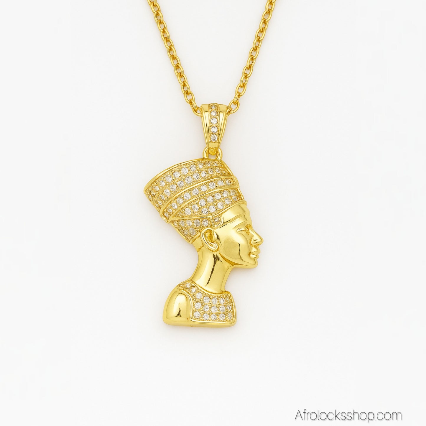 Collier Nefertiti – acier inoxydable & zirconium – chaîne 50 cm, pendentif 2×4 cm (doré)