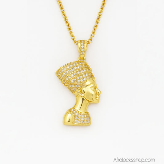 Collier Nefertiti – acier inoxydable & zirconium – chaîne 50 cm, pendentif 2×4 cm (doré)