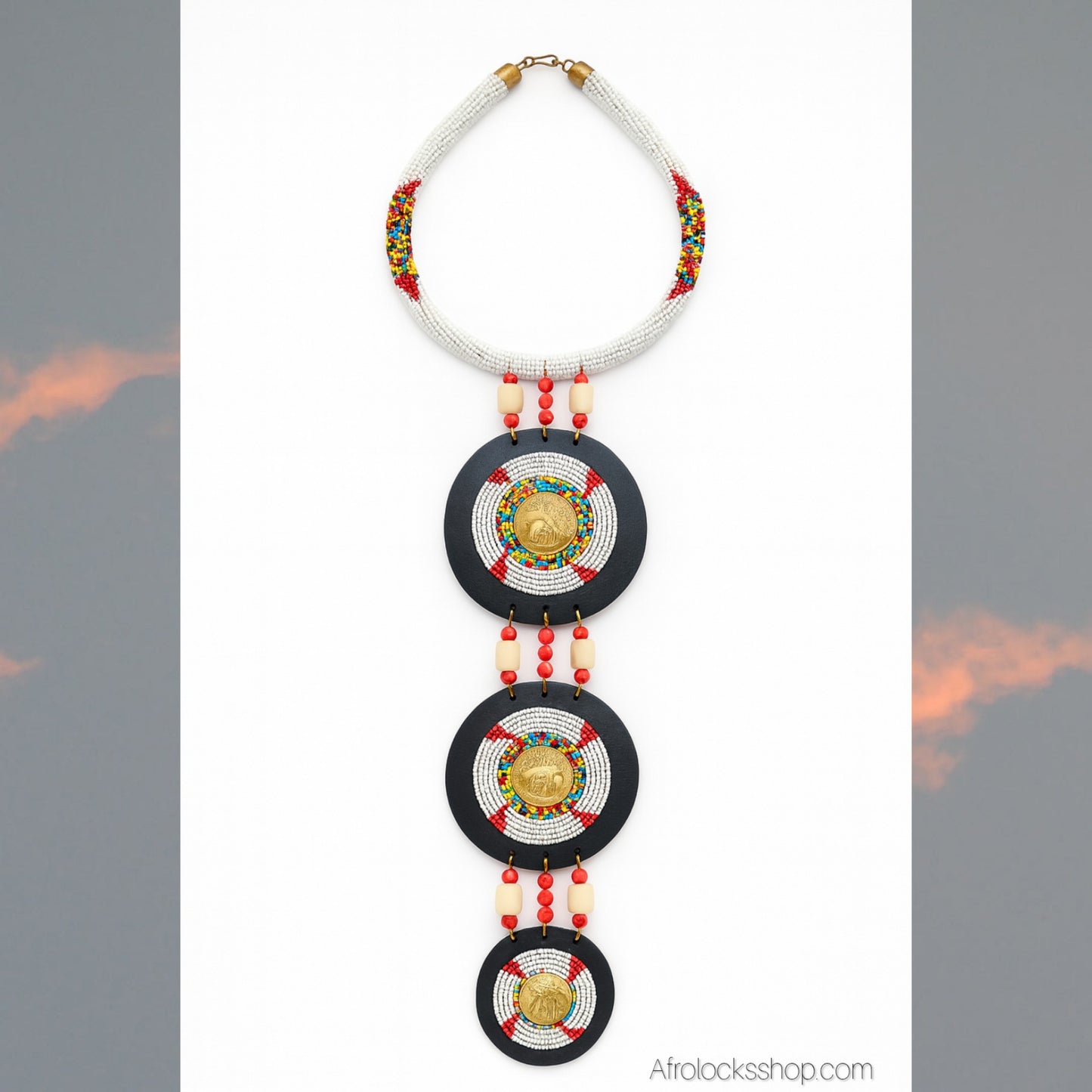 Collier plastron Maasai artisanal – cuir, laiton, crin & perles – 3 coloris