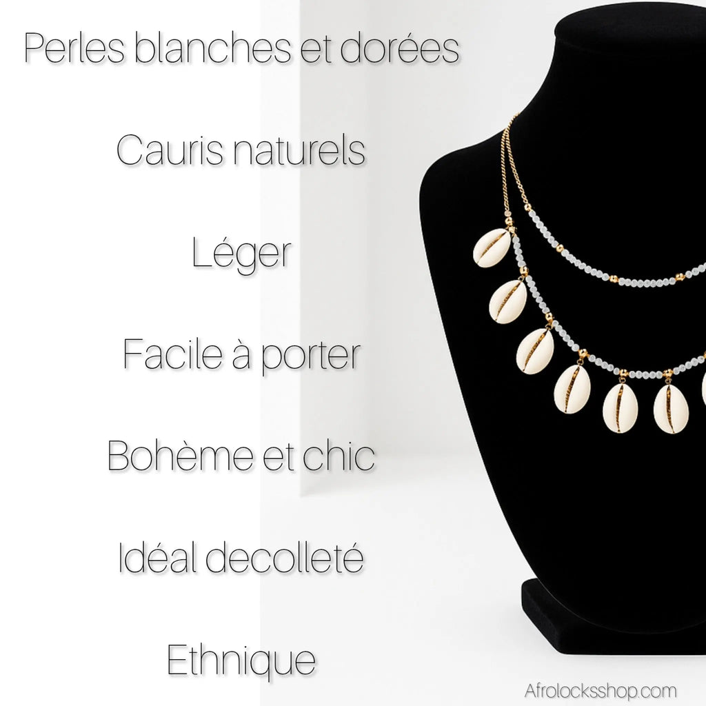 Collier_vrais_cauris_et_perles_blanches_unisexe_1 - Afro Locks Shop