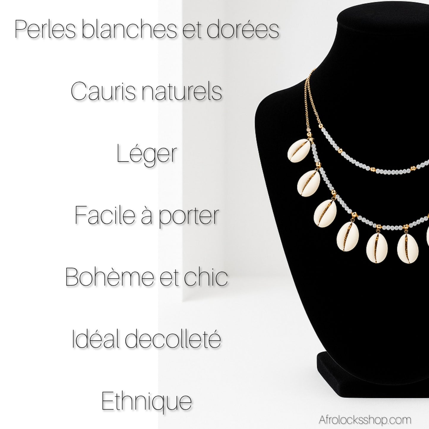 Collier perles blanches et dorées avec cauris – Bijou ethnique chic