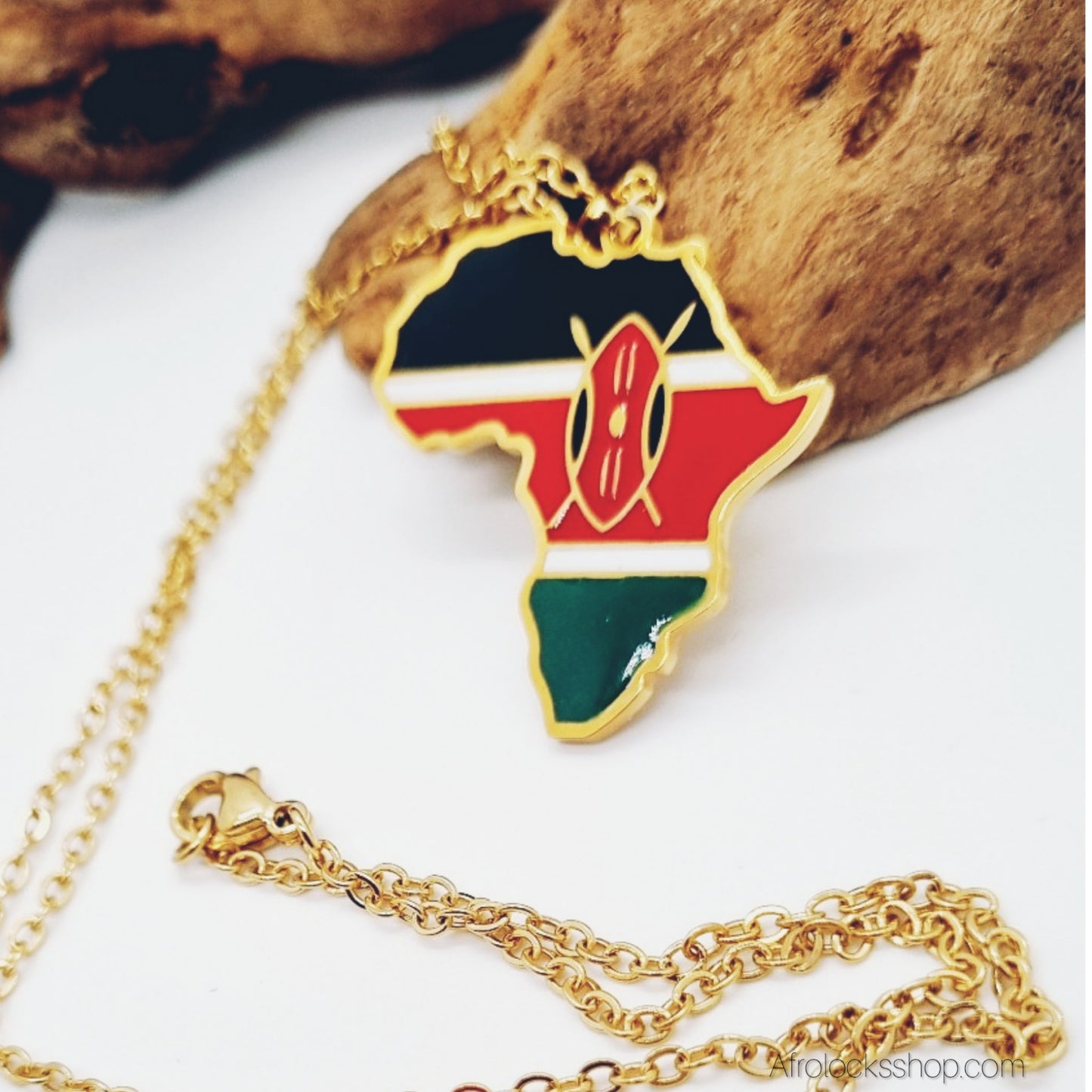 Collier Carte d’Afrique – Drapeau du Kenya (Acier inox 316L doré) – Chaîne 50 cm