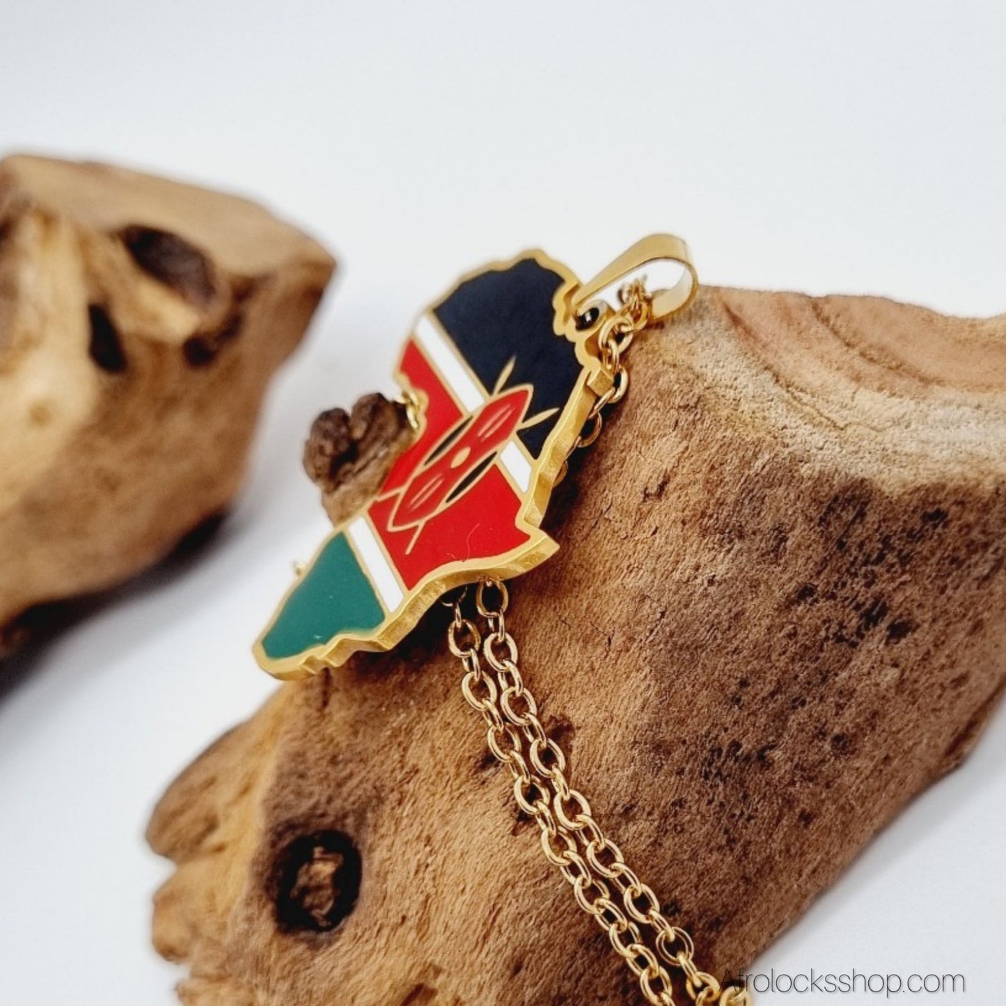 Collier Carte d’Afrique – Drapeau du Kenya (Acier inox 316L doré) – Chaîne 50 cm
