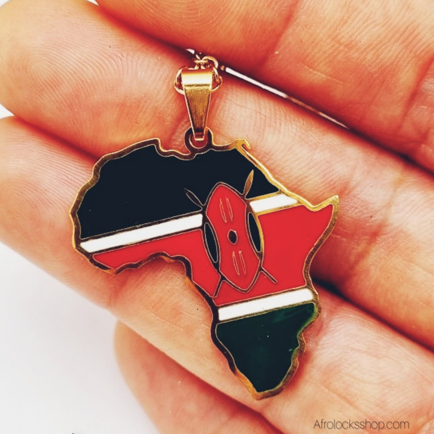 Collier Carte d’Afrique – Drapeau du Kenya (Acier inox 316L doré) – Chaîne 50 cm