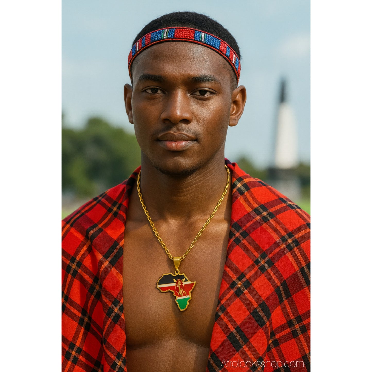 Collier Carte d’Afrique – Drapeau du Kenya (Acier inox 316L doré) – Chaîne 50 cm