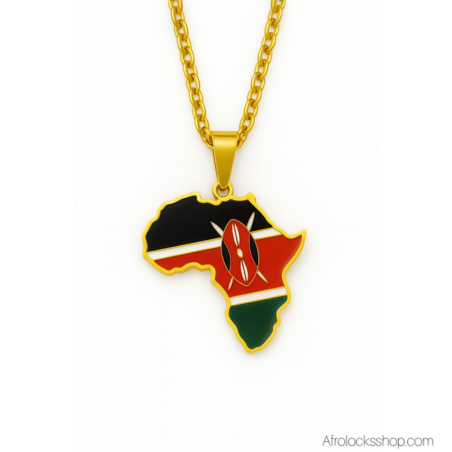 Collier Carte d’Afrique – Drapeau du Kenya (Acier inox 316L doré) – Chaîne 50 cm