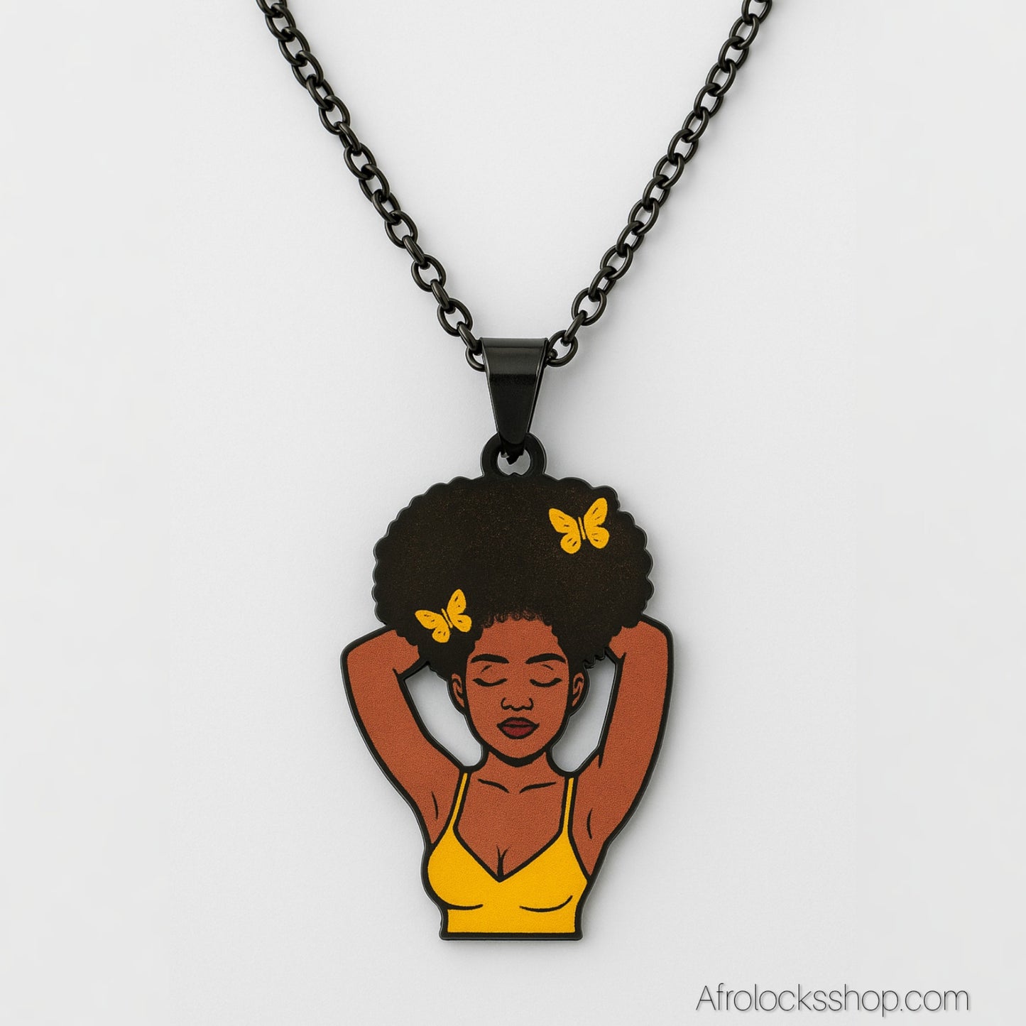 Collier “Black Woman” – Chaîne inox 50 cm & pendentif émaillé (14 styles)