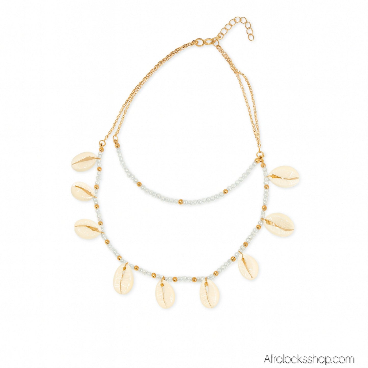 Collier perles blanches et dorées avec cauris – Bijou ethnique chic