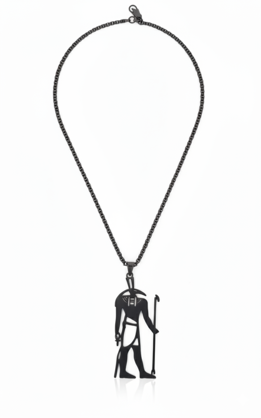 👑 Collier Pendentif Thot "Dieu de la Sagesse" - Acier Inoxydable Noir - Chaîne 60 cm