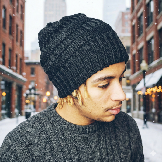 Bonnet Hiver Tricoté "Black Edition" Doublé Satin – Protection Anti-Casse (Spécial cheveux fragiles)