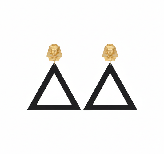 Boucles d'Oreilles Pharaon "Triangle Royal" - Noir & Or - 11 cm