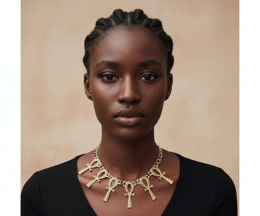 Collier Plastron "Reine de Kemet" - Multiples Croix Ankh Martelées - Laiton Doré