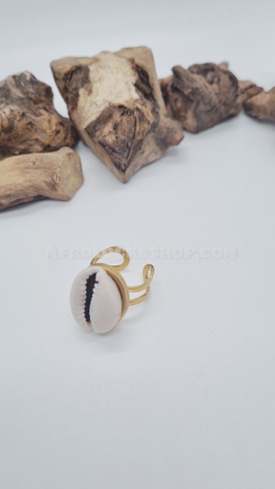 Bague acier inoxydable 316 L ornée d'un gros cauri naturel