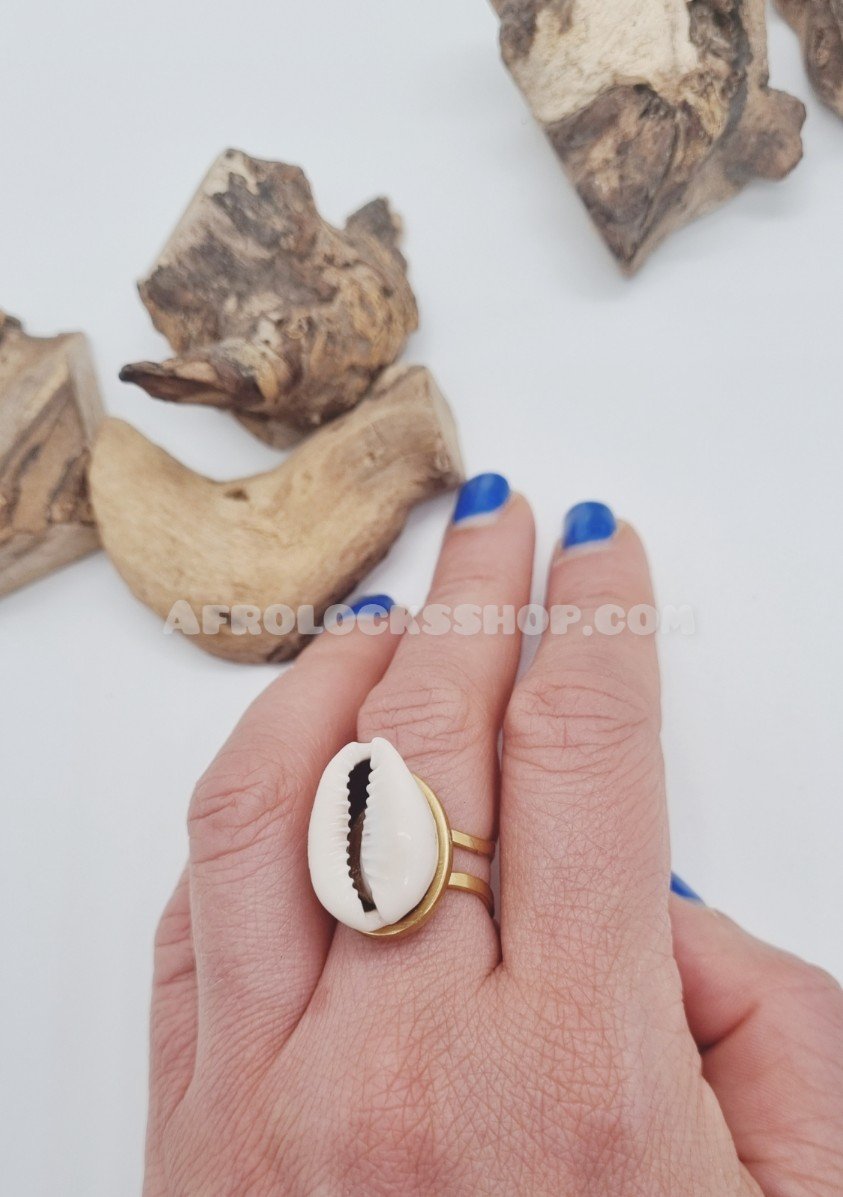 Bague acier inoxydable 316 L ornée d'un gros cauri naturel