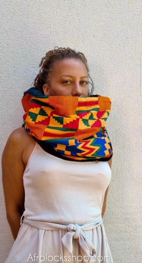 Snood écharpe en wax et doublure fausse fourrure