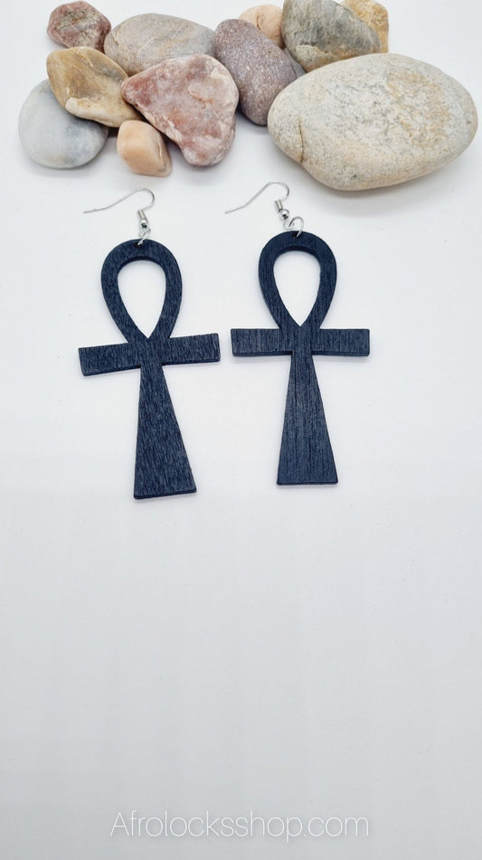 Boucles d'oreilles croix egyptienne ankh en bois