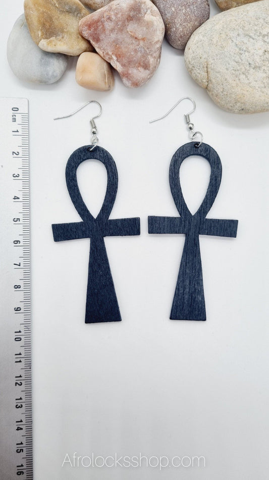 Boucles d'oreilles croix egyptienne ankh en bois