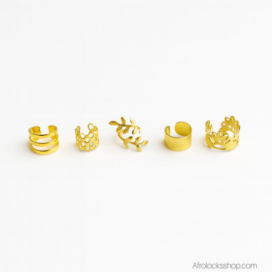 Set 50 bijoux de cheveux dorés – bagues tresses/locks & ear cuffs (5 modèles)