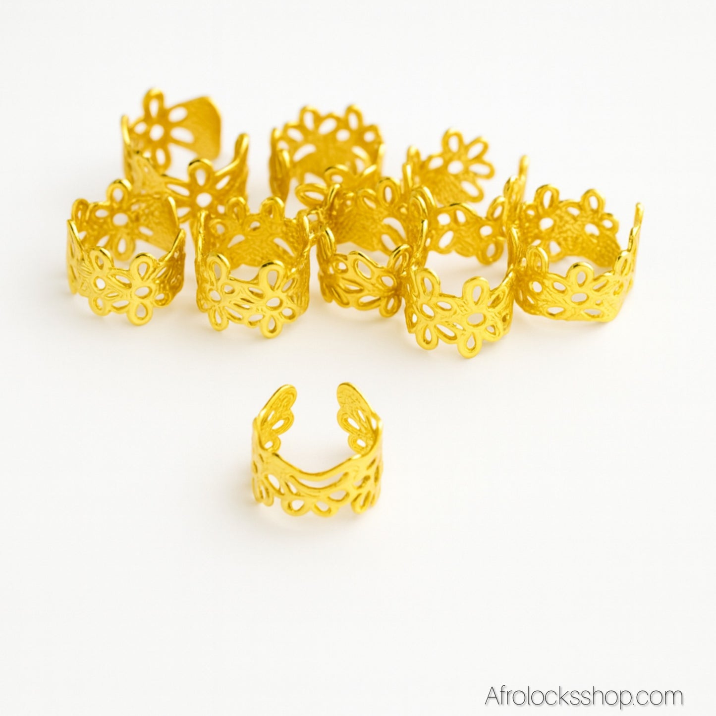 Set 50 bijoux de cheveux dorés – bagues tresses/locks & ear cuffs (5 modèles)