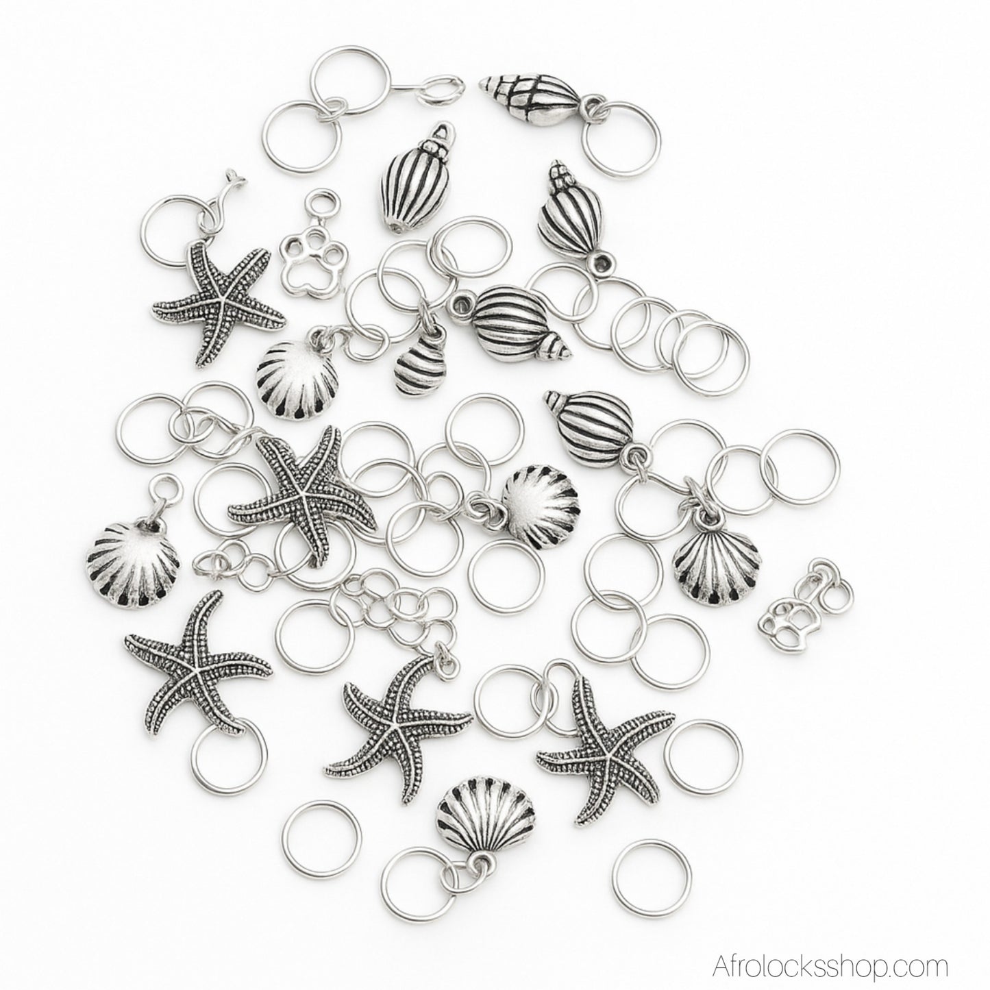 Lot 50 bijoux de cheveux métal – thème mer 🌊 (coquillages, étoiles, tortues, poissons) – Ø 10 mm ajustables