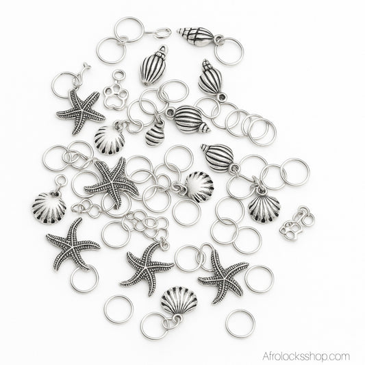 Lot 50 bijoux de cheveux métal – thème mer 🌊 (coquillages, étoiles, tortues, poissons) – Ø 10 mm ajustables