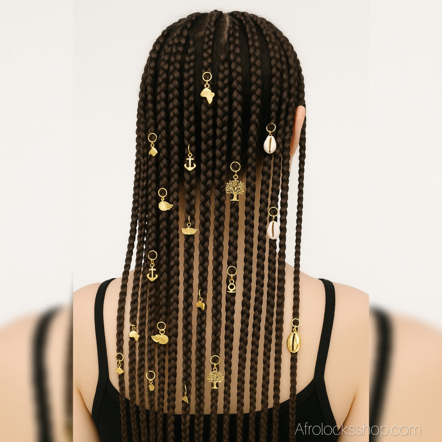 Lot 50 anneaux bijoux cheveux dorés – mix charms (cauris naturels, Afrique, arbre de vie, feuilles + anneaux simples)