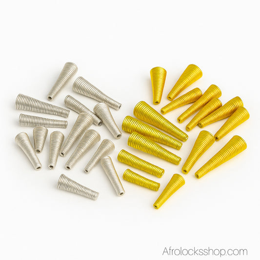 Lot 50 bijoux cônes spirales pour microlocks et sisterlocks – doré ou argenté