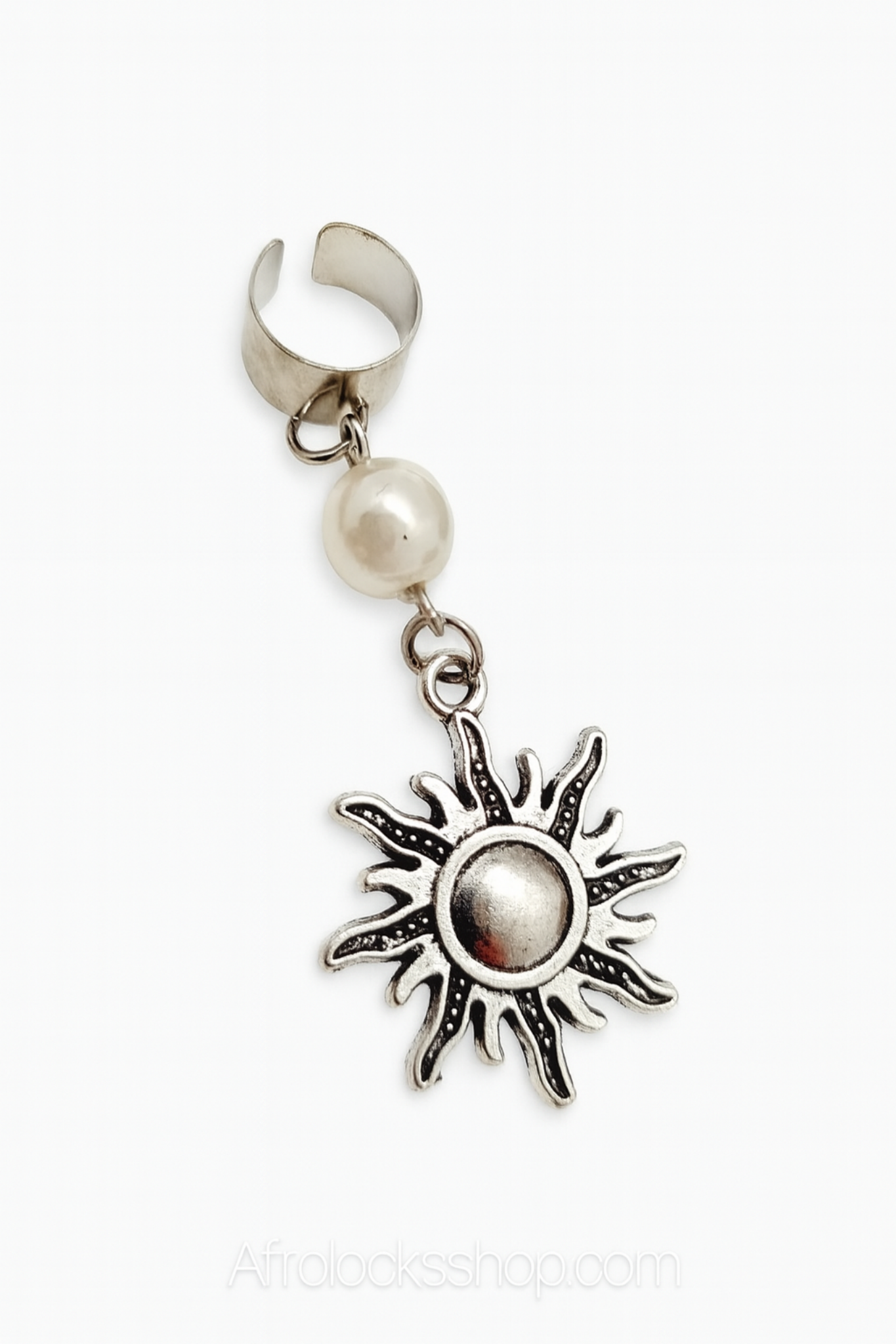 Manchette de cheveux “Soleil” – zinc argenté & perle (6 cm)