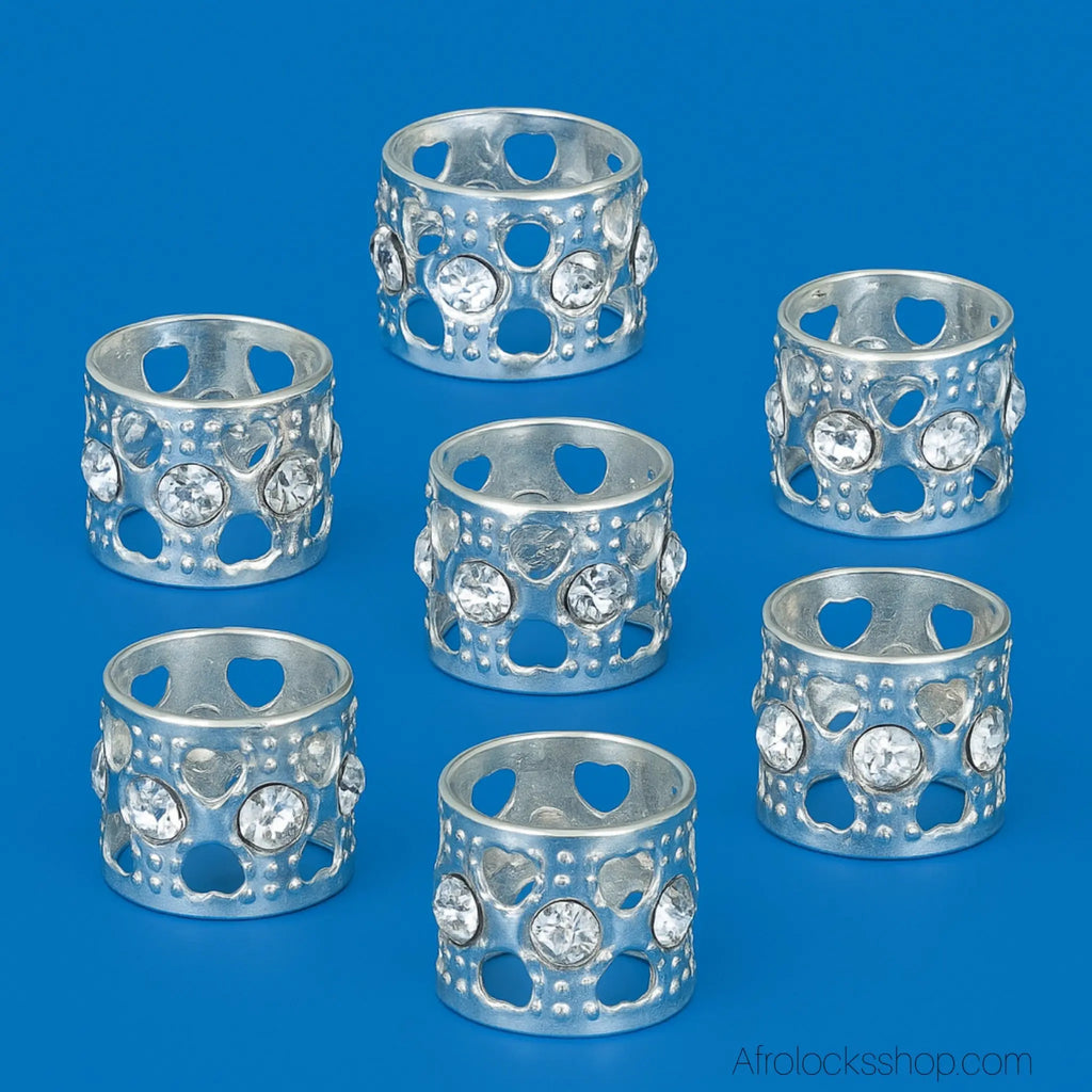 Manchettes_bagues_cheveux_locks_argent_avec_strass - Afro Locks Shop