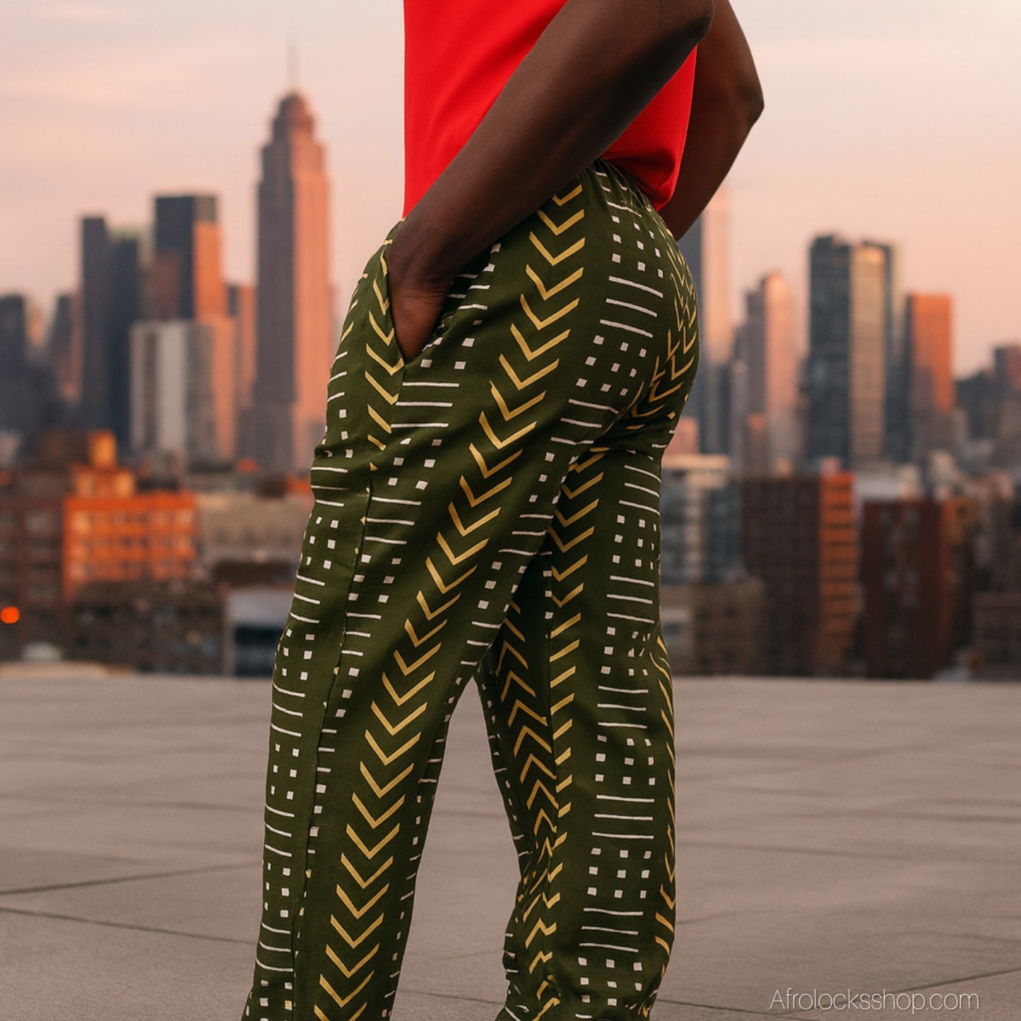 Pantalon wax unisexe « Baye Fall » – fait main au Sénégal (100% coton 🌍, poches, taille réglable)