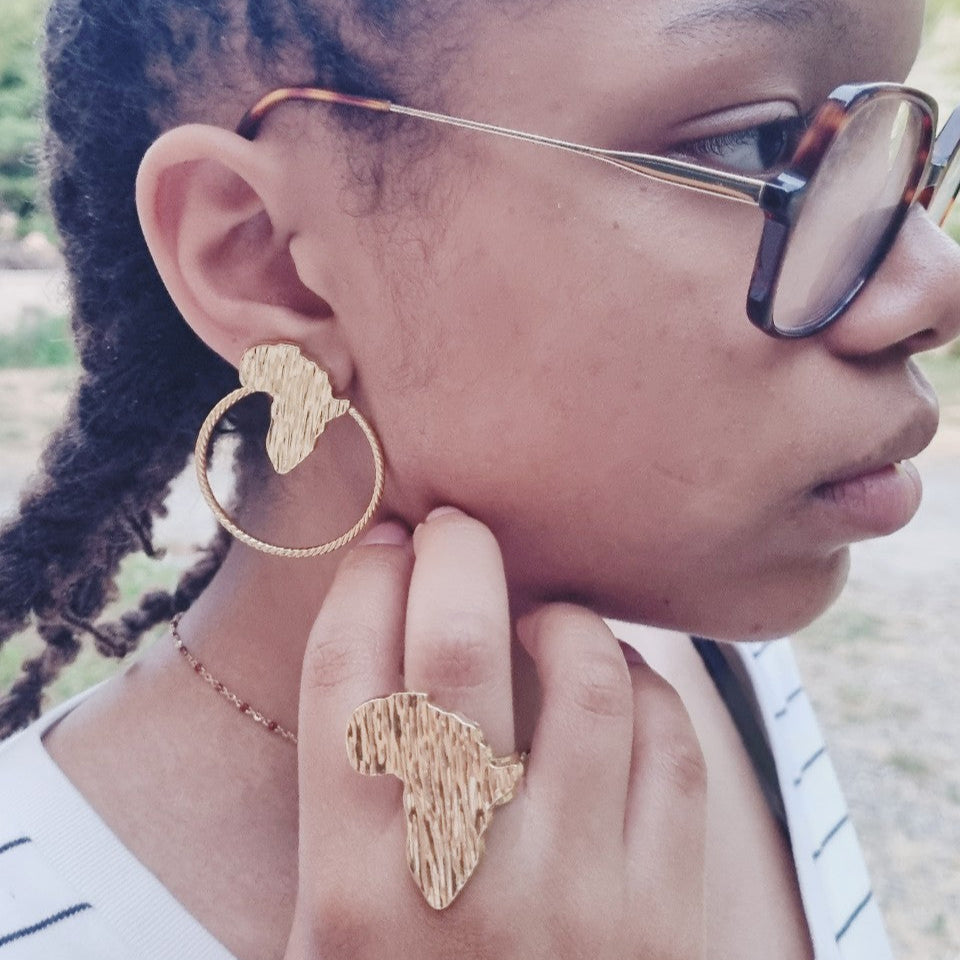 Parure afro en cuivre — Boucles 5 cm + bague réglable (4 styles)