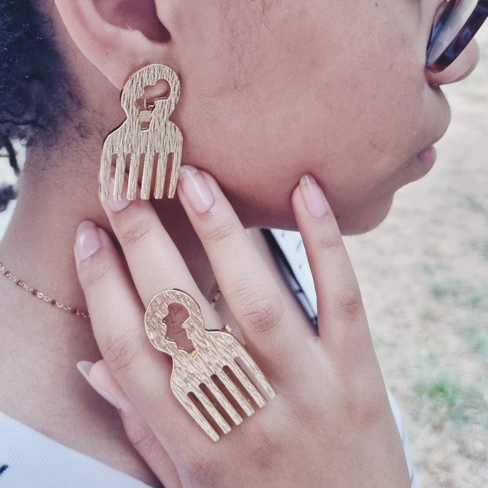 Parure afro en cuivre — Boucles 5 cm + bague réglable (4 styles)