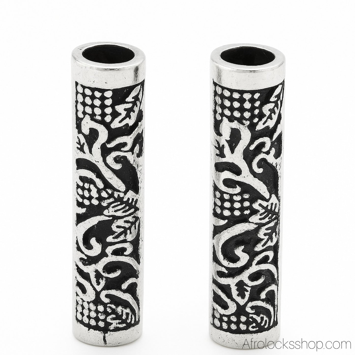 Perles longues gravées – lot de 2 (32×7 mm, trou 5 mm) | Barbe & microlocks