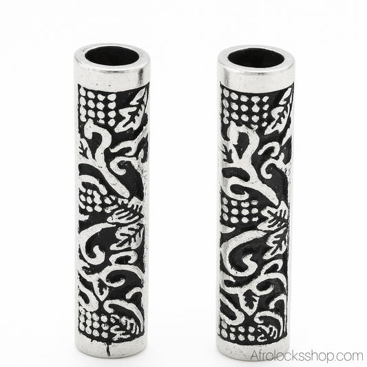 Perles longues gravées – lot de 2 (32×7 mm, trou 5 mm) | Barbe & microlocks