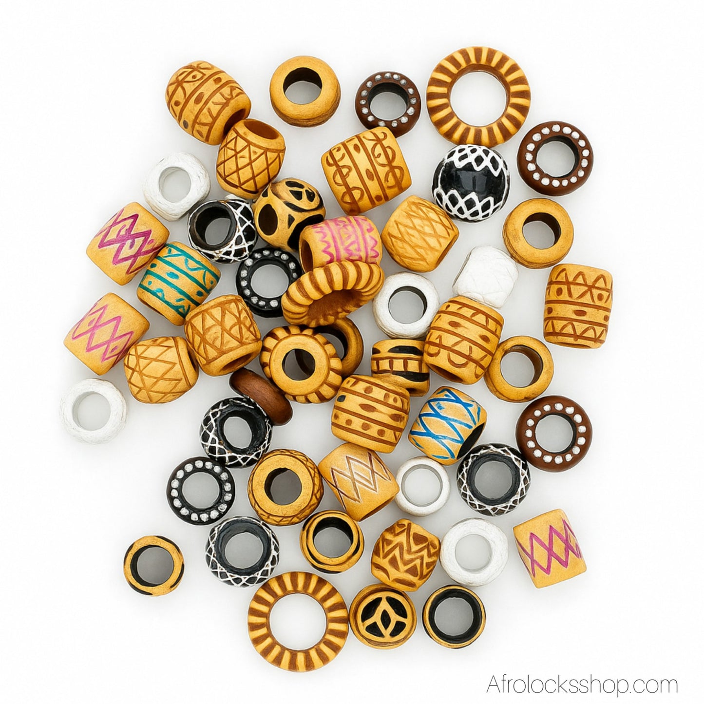 Perles cheveux imitation bois – Lot mix 50 (trous 4–8 mm) | Locks, braids & twists – acrylique léger 🌍