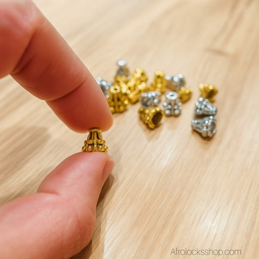 Perles cheveux cônes – lot de 20 – mix doré/argenté – 10×8 mm – trou 2 mm – spécial microbraids/microlocks