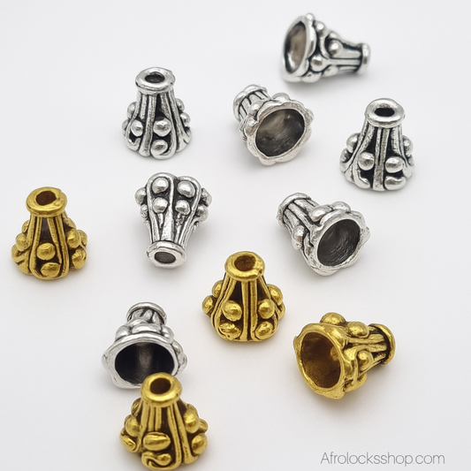 Perles cheveux cônes – lot de 20 – mix doré/argenté – 10×8 mm – trou 2 mm – spécial microbraids/microlocks