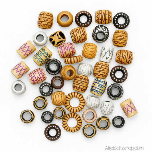 Perles cheveux imitation bois – Lot mix 50 (trous 4–8 mm) | Locks, braids & twists – acrylique léger 🌍