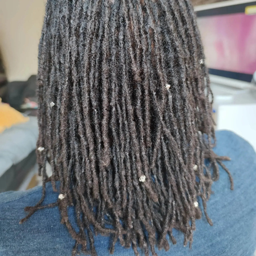 Microlocks adorned with small metallic hair beads for afro textured hair styling