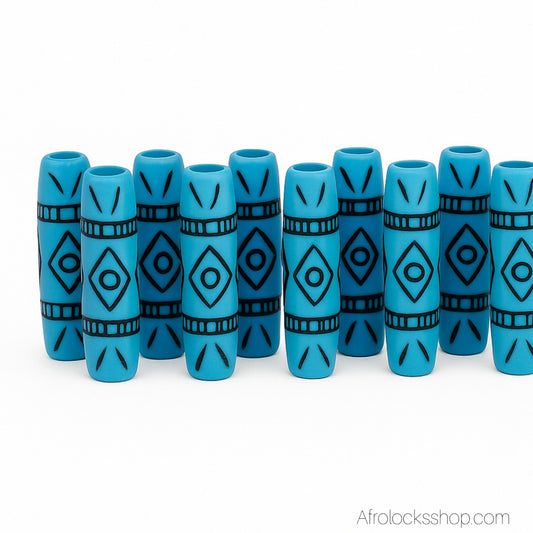 Perles longues bleues pour locks, tresses & barbe – lot de 10 (3,5 cm, trou 4 mm)