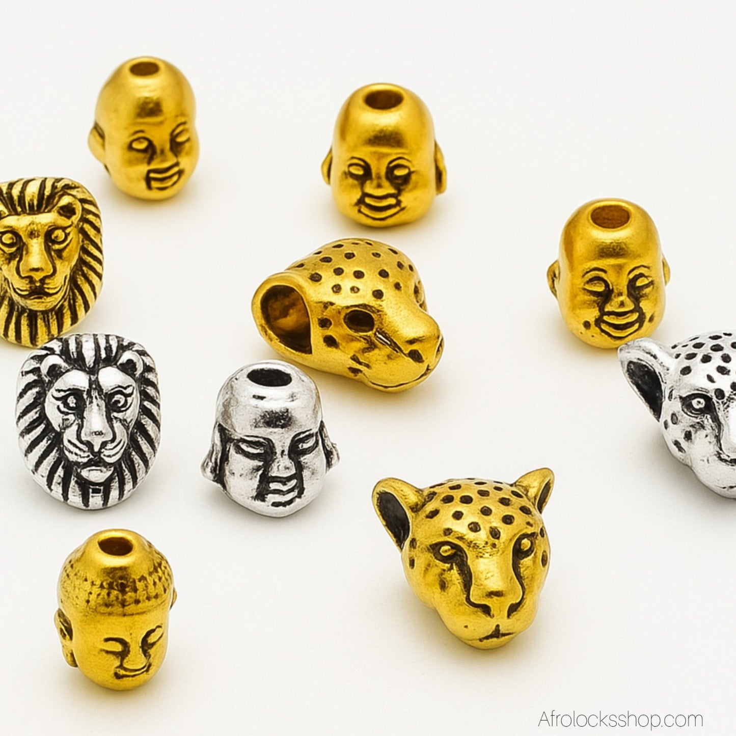 Perles cheveux lion/tigre/buddha – 20 pièces zinc doré & argenté – trous 2 mm et 7 mm – env. 1 cm