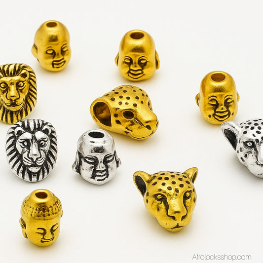 Perles cheveux lion/tigre/buddha – 20 pièces zinc doré & argenté – trous 2 mm et 7 mm – env. 1 cm