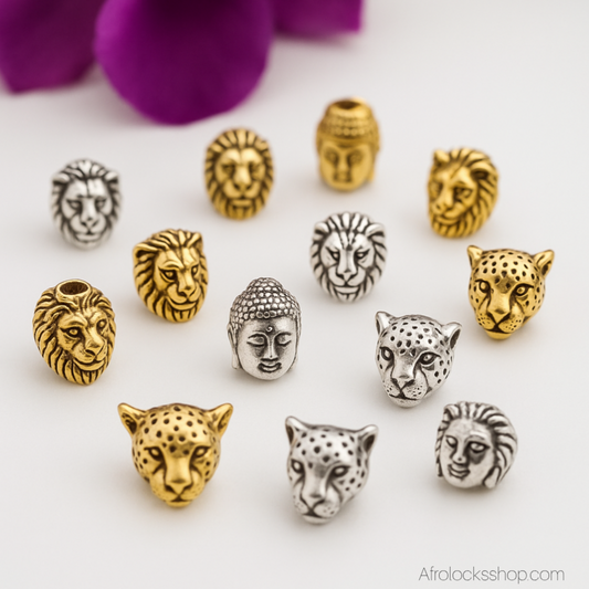 Perles cheveux lion/tigre/buddha – 20 pièces zinc doré & argenté – trous 2 mm et 7 mm – env. 1 cm